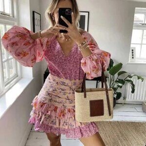 Boho Floral print Tiered Ruffle Hem Balloon Sleeve Belted Dress